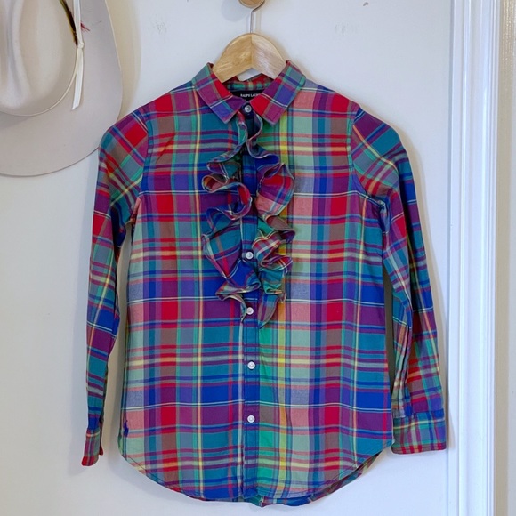 Ralph Lauren kids multicolour flannel long sleeve button shirt with ruffles - Picture 5 of 15